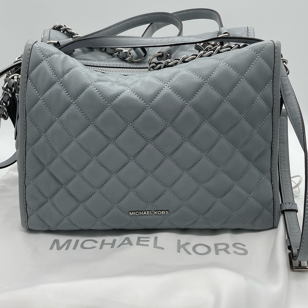 Michael Kors Rachel XL Dusty Blue Quilted Leather Satchel